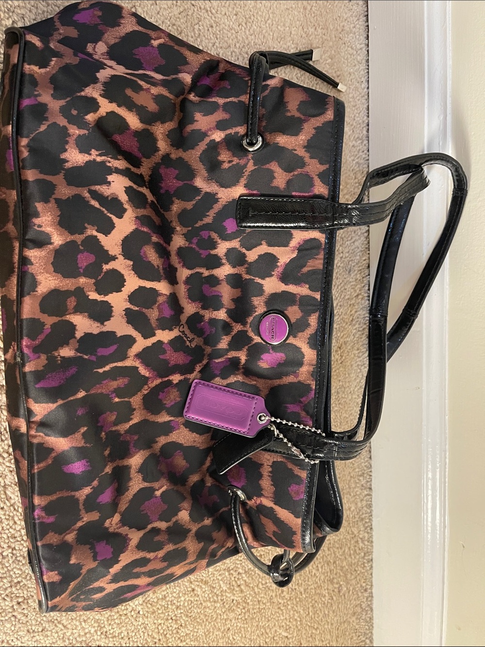 Coach Leopard Print Tote Bag with Purple Accents
